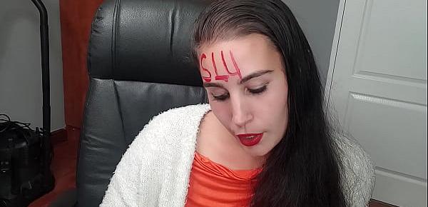 Dirty talking whore with body writing making her special cock viewers horny while stripping and playing with her fat pussy